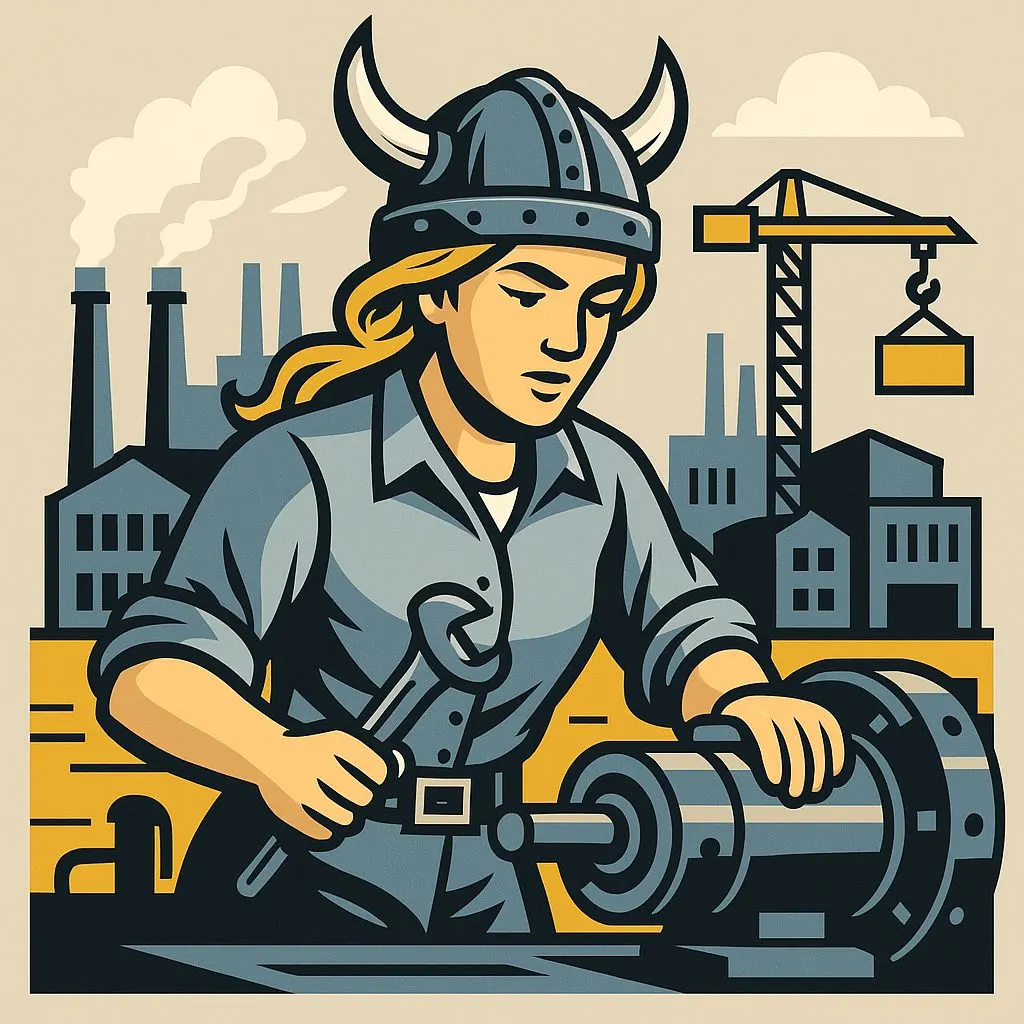 Illustration of a woman in a Viking helmet working on industrial machinery, with factories and a construction crane behind her
