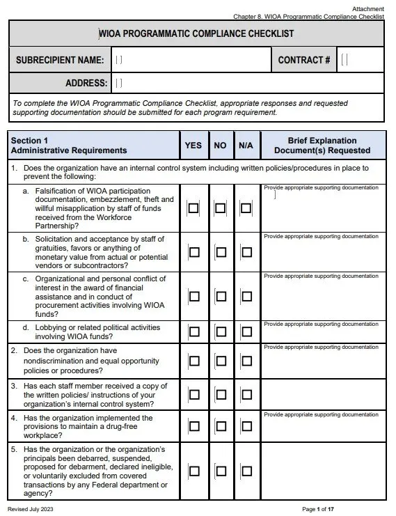 First page of a WIOA programmatic compliance checklist for subrecipients, with yes, no and N/A columns